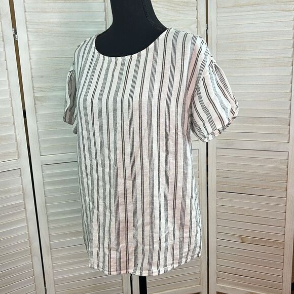 Ellen Tracy Linen Blend Ticking Stripe Tee Small - Picture 8 of 9
